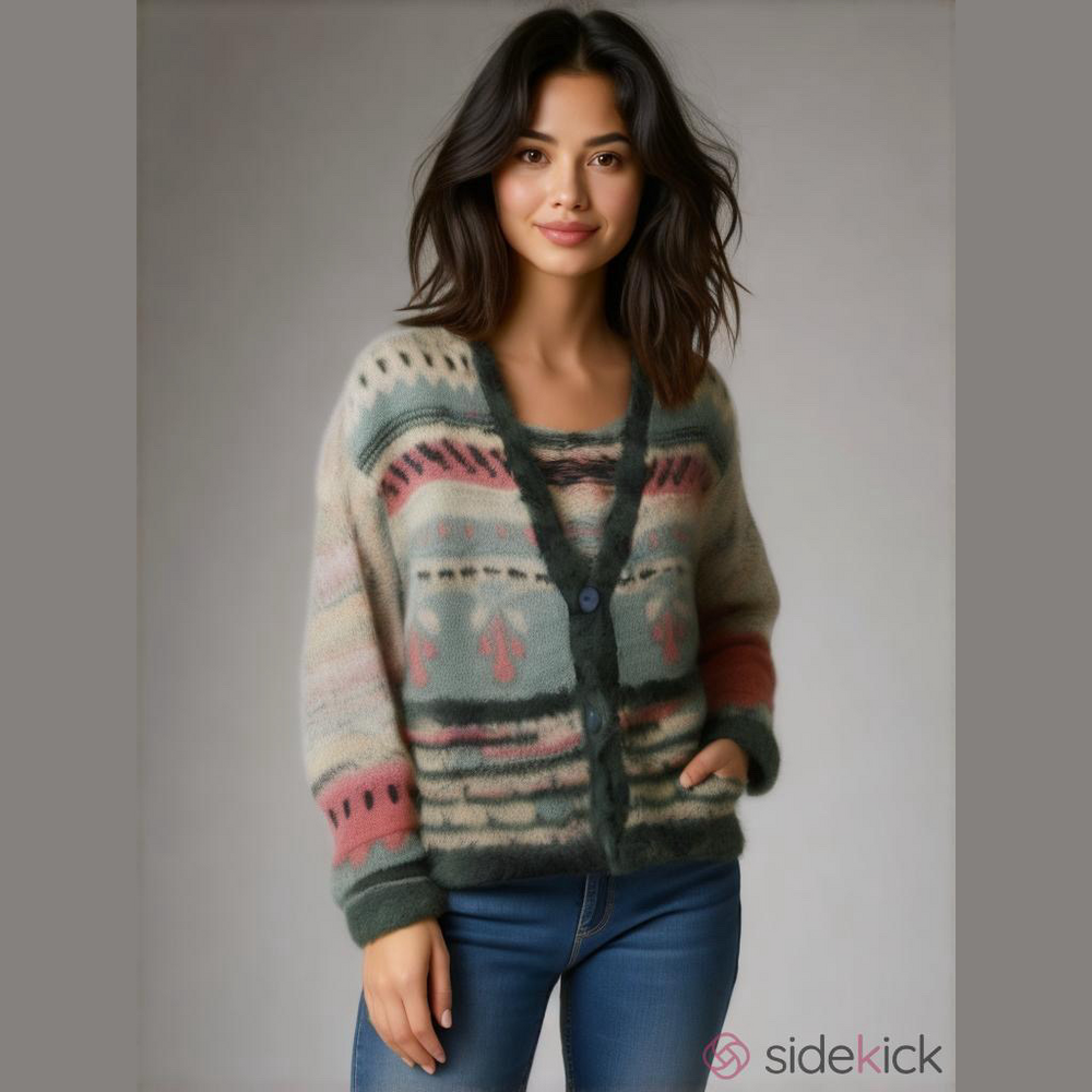 Handknit luxurious womens cardigan cream aqua coral mix 3 button Large